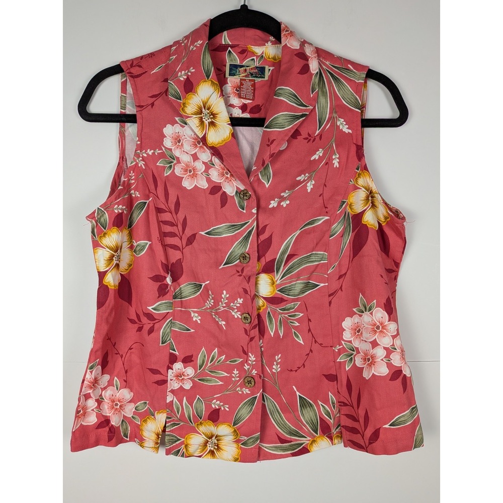 La Cabana Medium Floral Sleeveless Top Women Pink Y2K Tropical Button Up Rayon